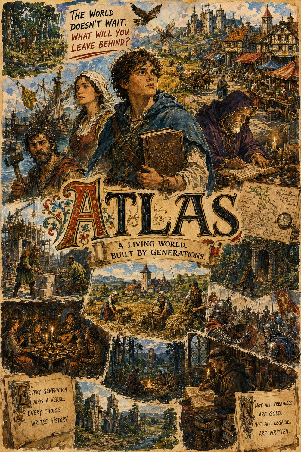 An illuminated Atlas plate headed “The world doesn’t wait. What will you leave behind?” — a young steward holding the Atlas, a woman at the harbour, a smith with his hammer, a scribe at his desk by candlelight; below the title, panels of harvest, market, tavern, masons at their scaffold, soldiers on the march, ruins in the forest, and two lettered notes: “Every generation adds a verse. Every choice writes history.” and “Not all treasures are gold. Not all legacies are written.”