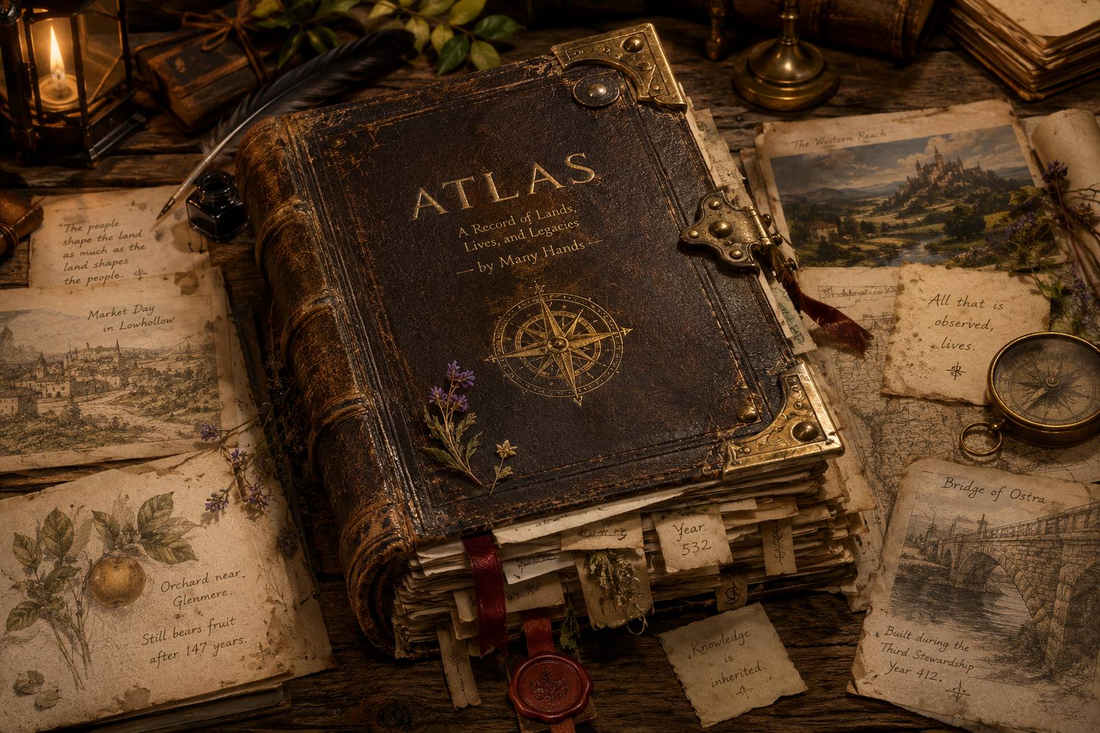 The Atlas as it was found: a thick leather volume lettered ATLAS — A Record of Lands, Lives, and Legacies, by Many Hands — closed on a candlelit oak desk, brass corners and clasp catching the light, ribbon markers and a wax seal hanging from its pages, loose survey sheets and pressed flowers all around.