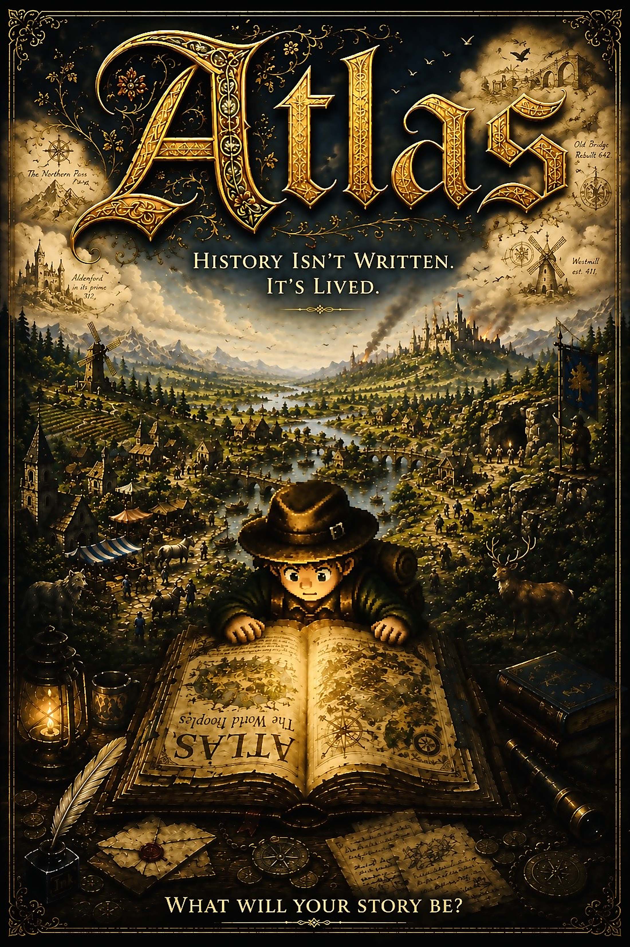 The Atlas key art, revealed in full: the valley from the western ridge — the ruined watchtower, the river and its old bridge, villages and mills, a castle burning on the far hill, and the steward in the foreground, bent over the open Atlas.